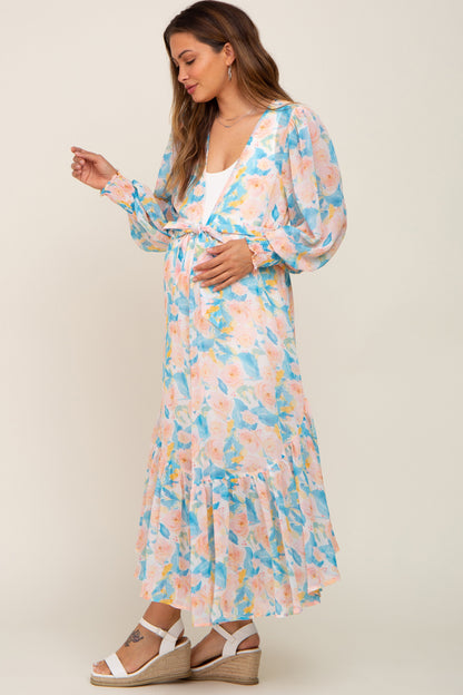 Aqua Floral Chiffon Ruffle Hem Maternity Cover-Up