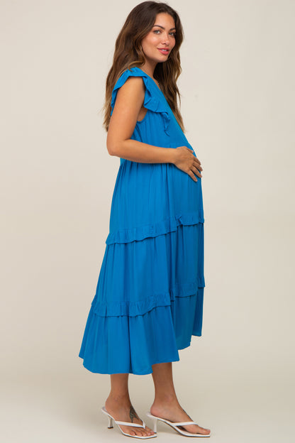 Aqua Ruffle Accent Tiered Maternity Midi Dress