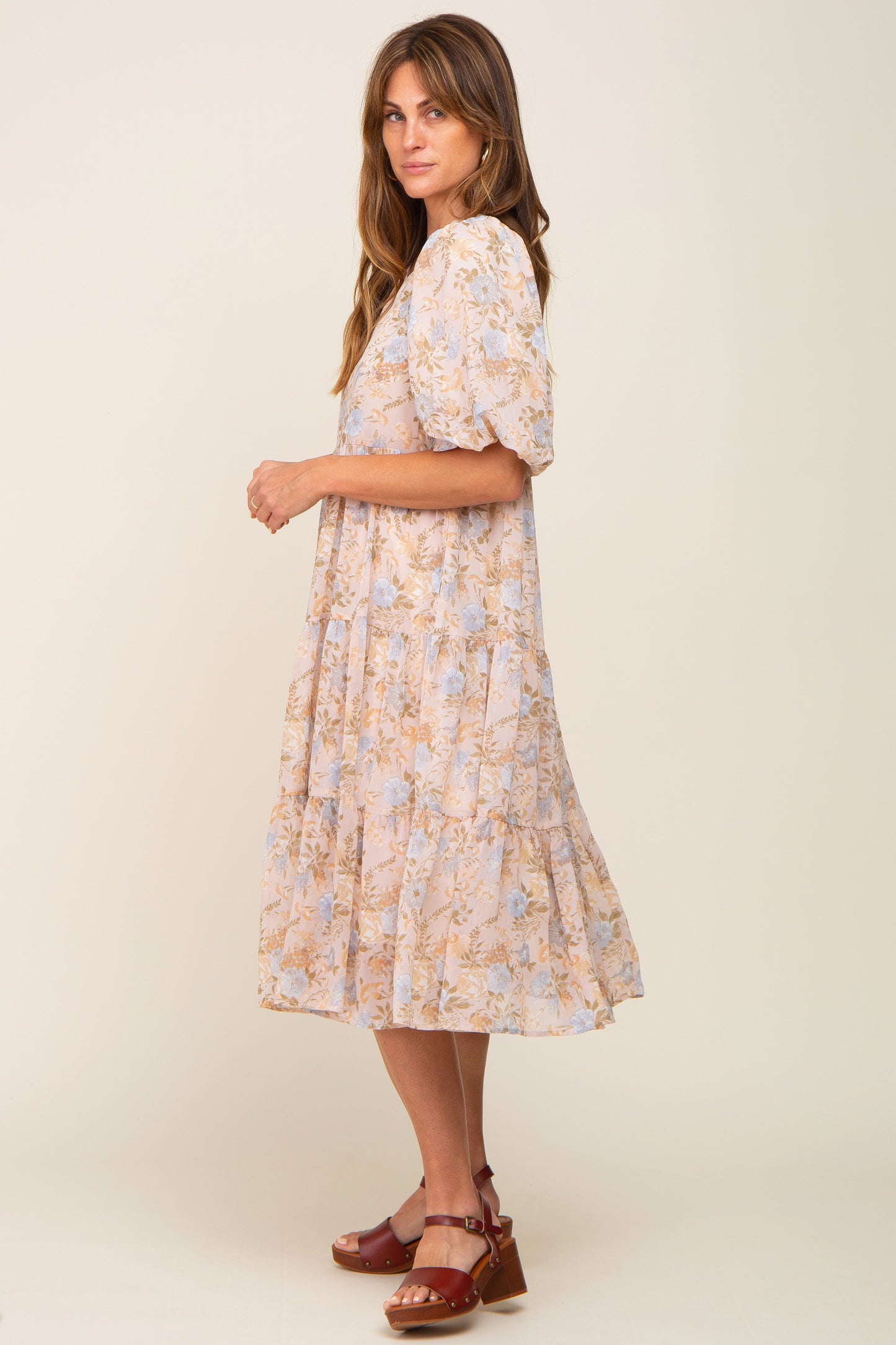 Beige Floral Chiffon Puff Short Sleeve Tiered Midi Dress