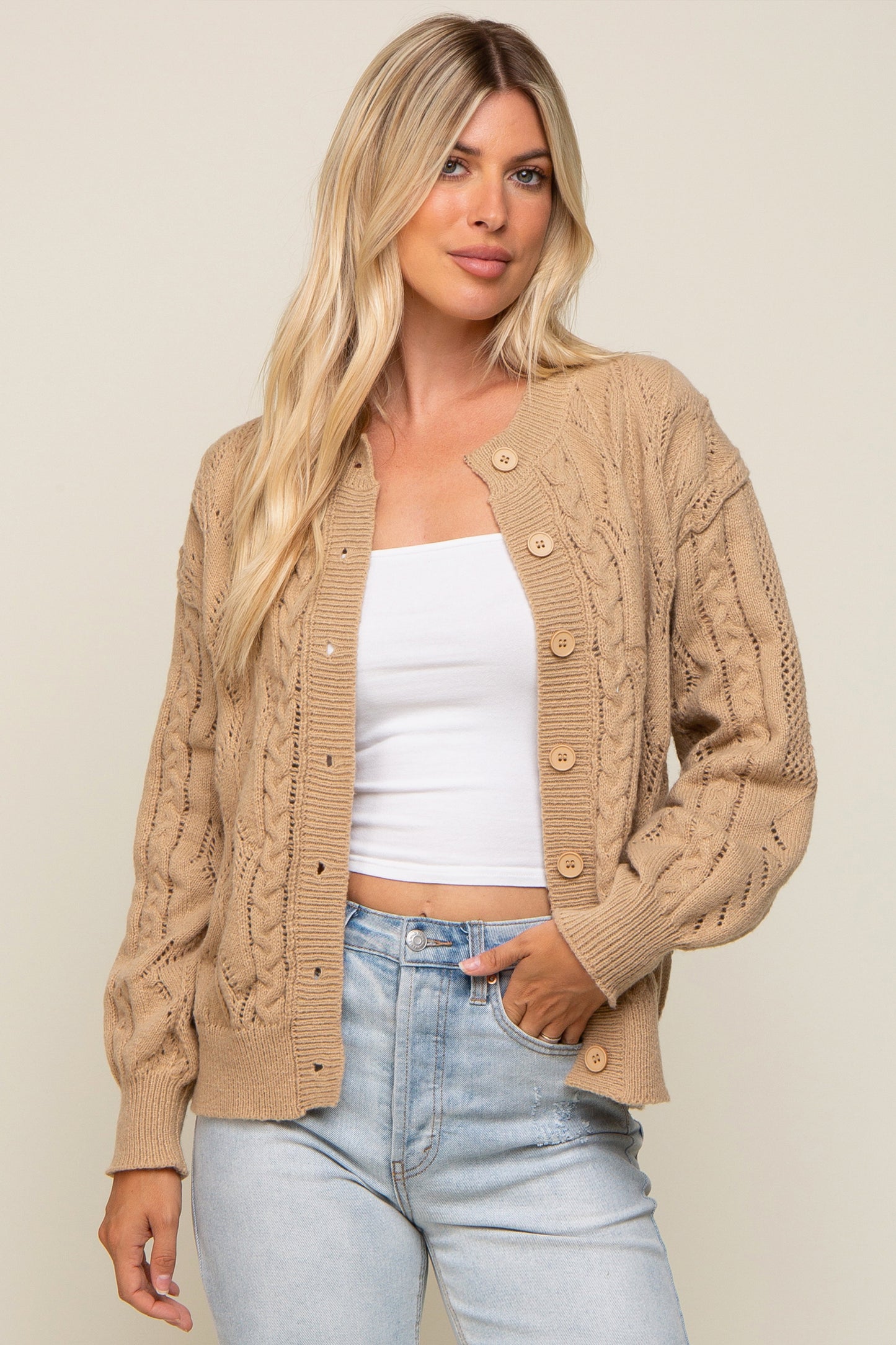 Beige Mixed Knit Cardigan