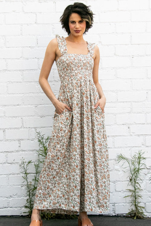 Beige Sleeveless Floral Smocked Ruffle Jumpsuit
