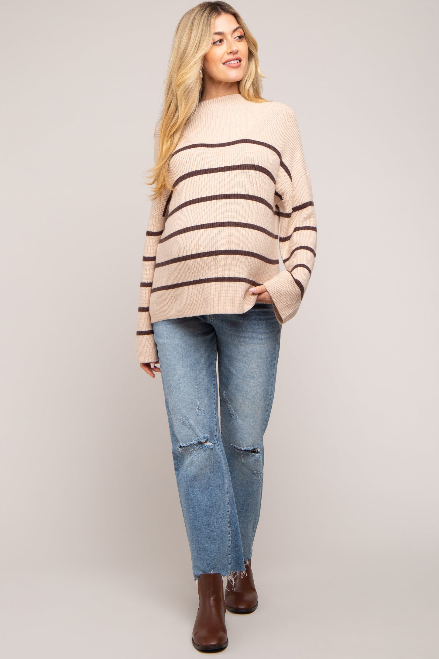 Beige Striped Mock Neck Maternity Sweater