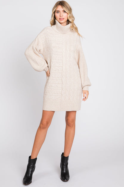 Beige Cable Knit Mini Sweater Dress
