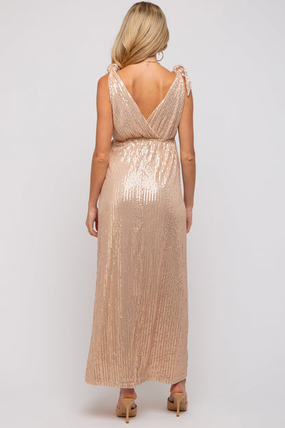 Beige Sequin Sleeveless Wrap V-Neck Maternity Gown