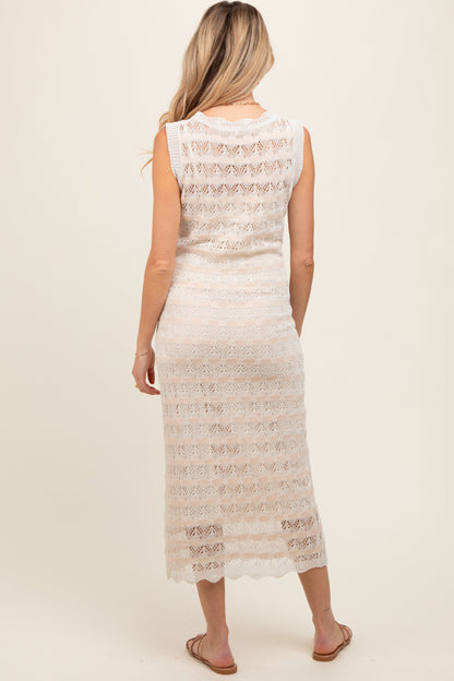Beige Crochet Knit Sleeveless Maternity Midi Dress