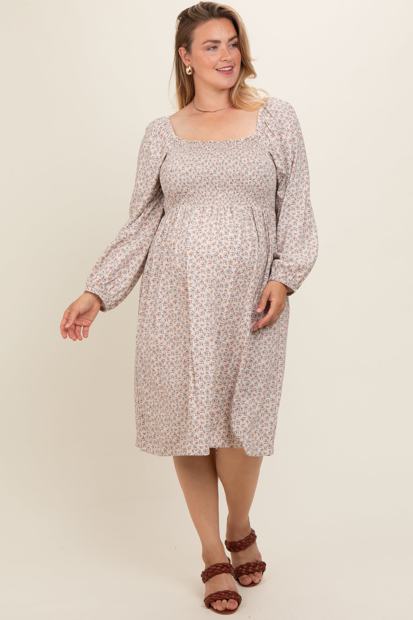 Beige Floral Print Long Sleeve Maternity Plus Midi Dress