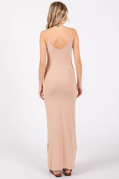Beige Ribbed Side Slit Maxi Dress