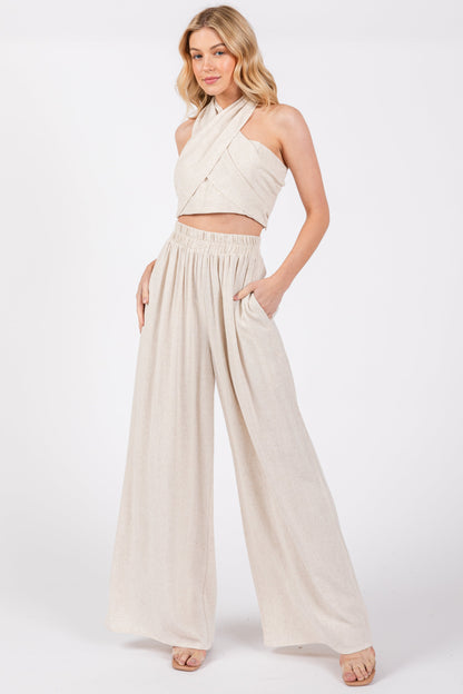 Beige Linen Smocked Top and Pants Maternity Set