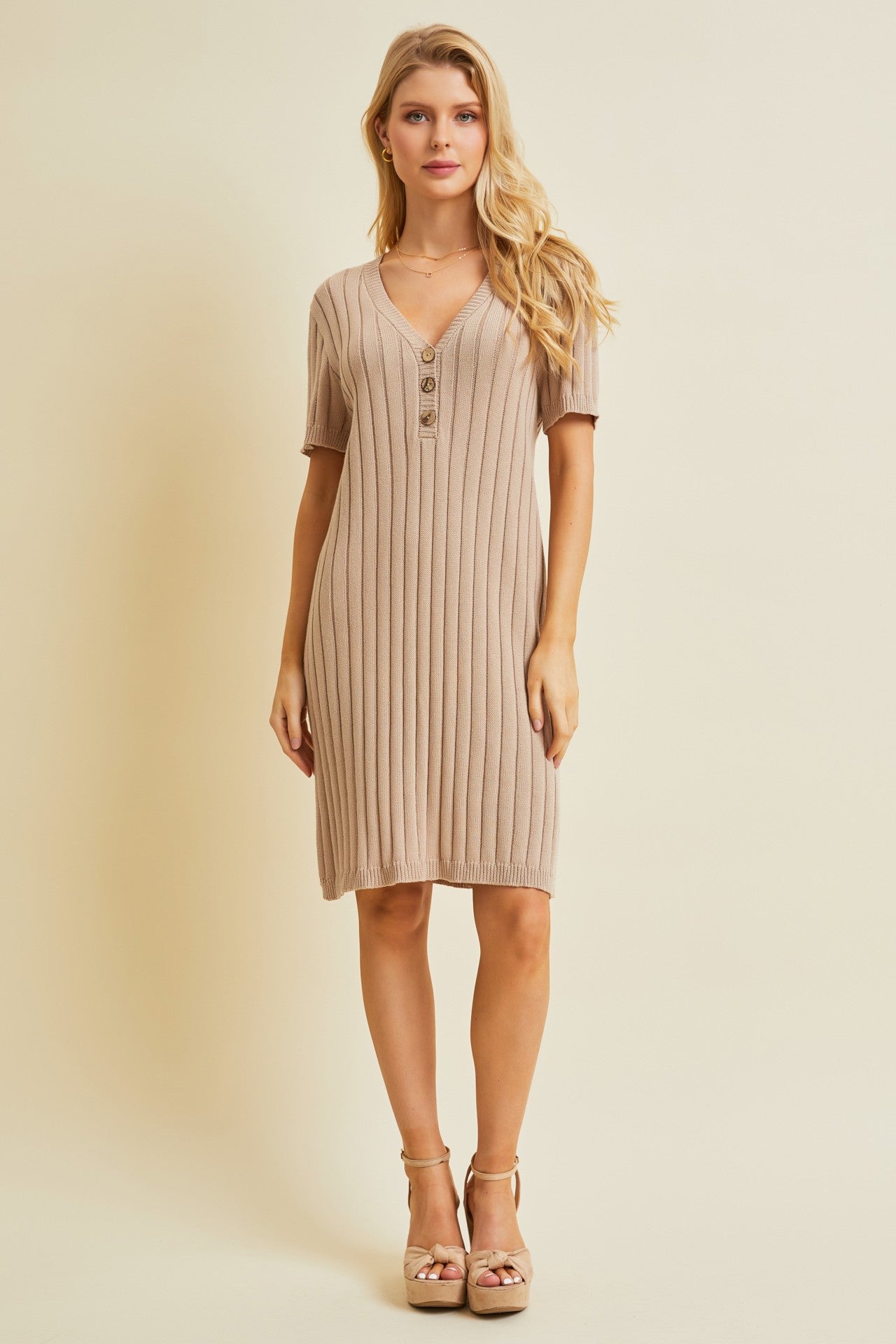 Beige Ribbed Knit Maternity Dress