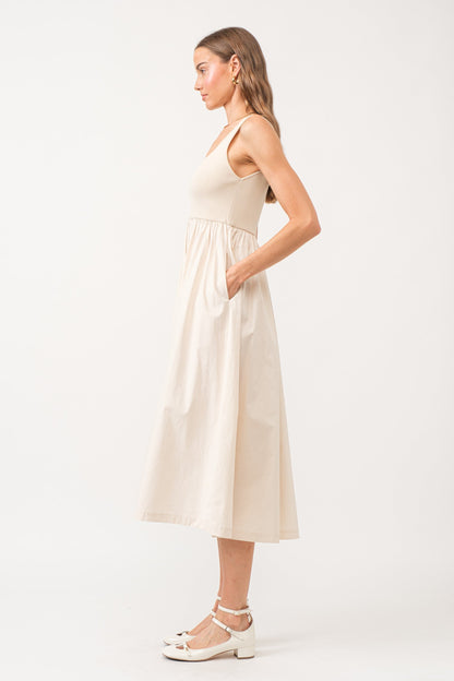 Beige Sleeveless A-line Midi Dress