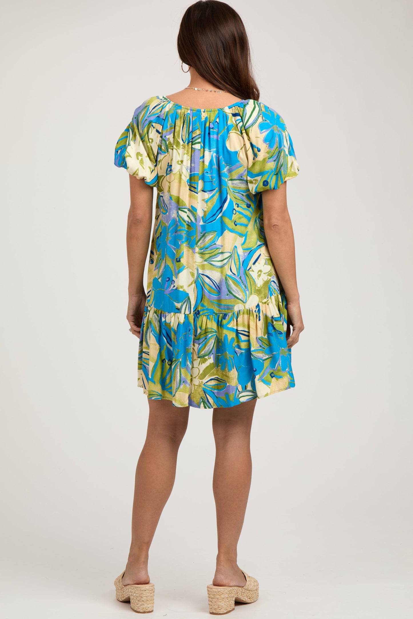 Aqua Floral Puff Sleeve Maternity Dress