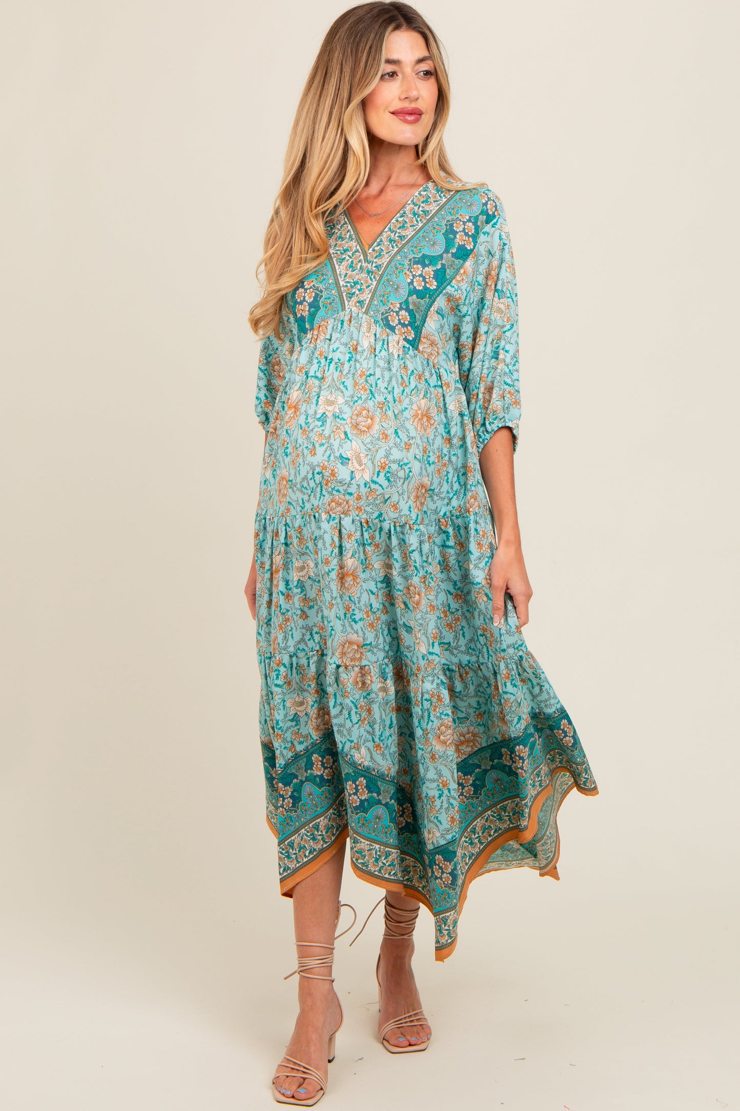 Aqua Floral Border Print V-Neck Tiered Maternity Midi Dress