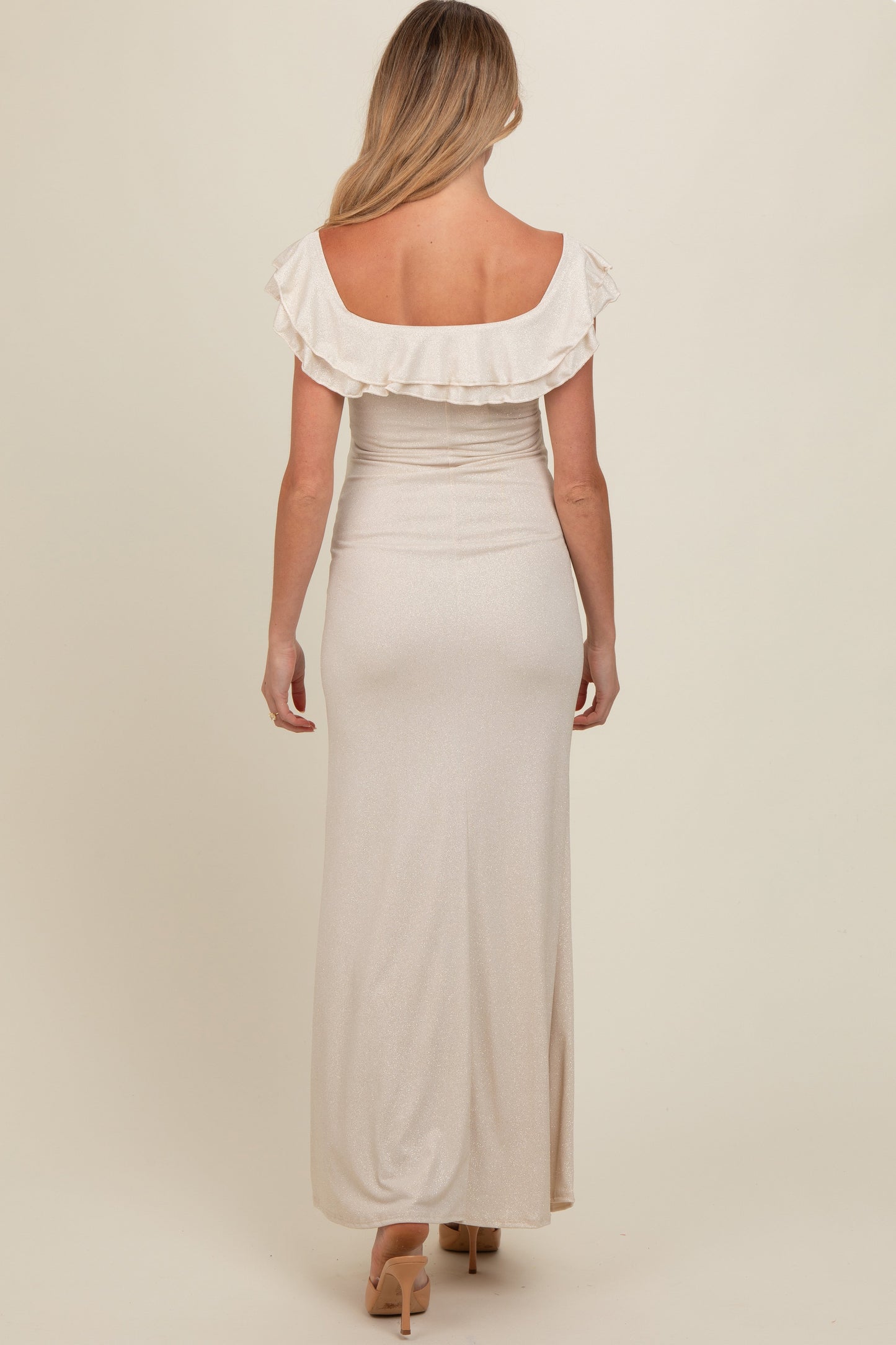 Beige Glitter Sweetheart Neck Ruffle Off Shoulder Maternity Maxi Dress