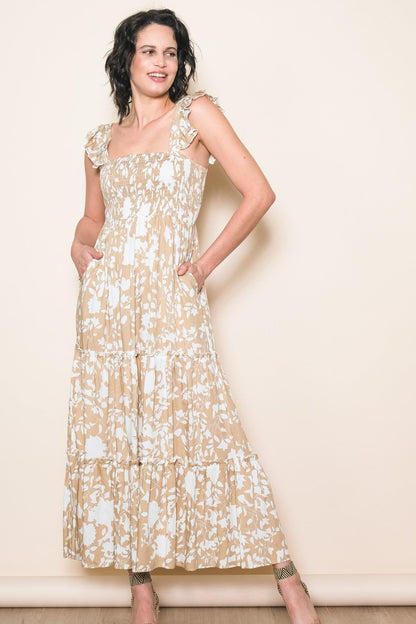 Beige Ruffle Sleeve Tiered Maternity Maxi Dress