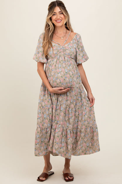 Beige Floral Ruched Strappy V-Neck Front Puff Short Sleeve Maternity Midi Dress