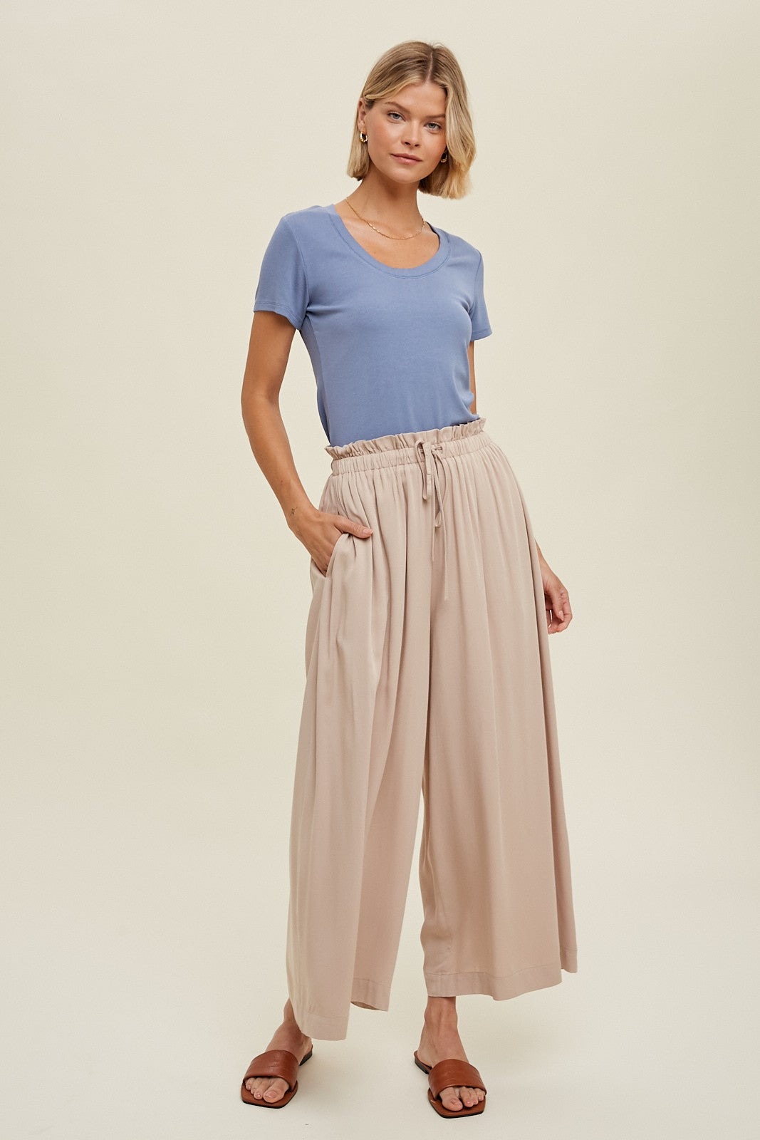 Beige Pleated Elastic Waist Wide Leg Crop Maternity Pants