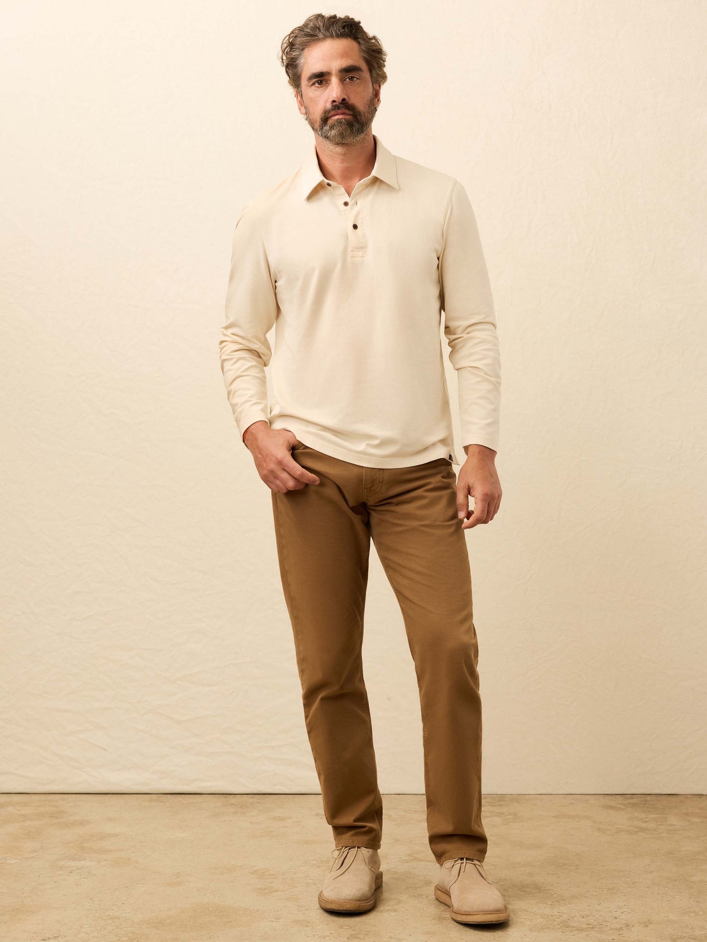 Long-Sleeve Twill Knit Polo - Coastal Cream