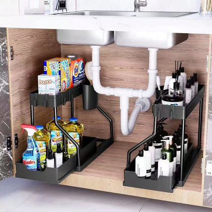 2 Pack Pull Out Under Sink Organizer, 2-Tier Sliding Kitchen Bathroom Cabinet Storage Shelf With Hanging Cups, Pipe Gap Compatible Storage Rack For Cleaning Supplies