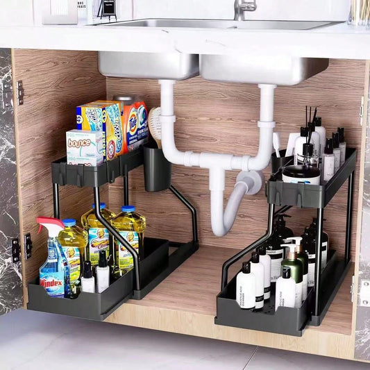 2 Pack Pull Out Under Sink Organizer, 2-Tier Sliding Kitchen Bathroom Cabinet Storage Shelf With Hanging Cups, Pipe Gap Compatible Storage Rack For Cleaning Supplies