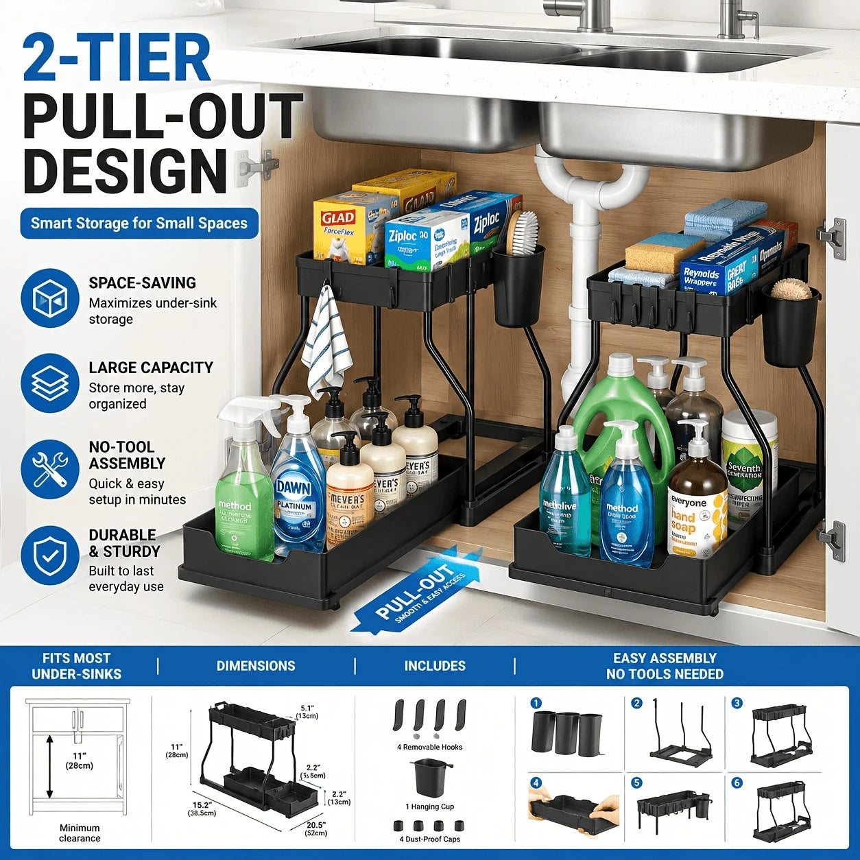 2 Pack Pull Out Under Sink Organizer, 2-Tier Sliding Kitchen Bathroom Cabinet Storage Shelf With Hanging Cups, Pipe Gap Compatible Storage Rack For Cleaning Supplies