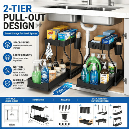 2 Pack Pull Out Under Sink Organizer, 2-Tier Sliding Kitchen Bathroom Cabinet Storage Shelf With Hanging Cups, Pipe Gap Compatible Storage Rack For Cleaning Supplies