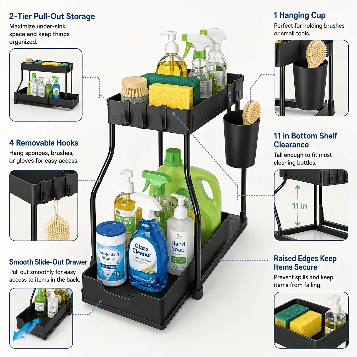 2 Pack Pull Out Under Sink Organizer, 2-Tier Sliding Kitchen Bathroom Cabinet Storage Shelf With Hanging Cups, Pipe Gap Compatible Storage Rack For Cleaning Supplies