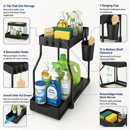 2 Pack Pull Out Under Sink Organizer, 2-Tier Sliding Kitchen Bathroom Cabinet Storage Shelf With Hanging Cups, Pipe Gap Compatible Storage Rack For Cleaning Supplies