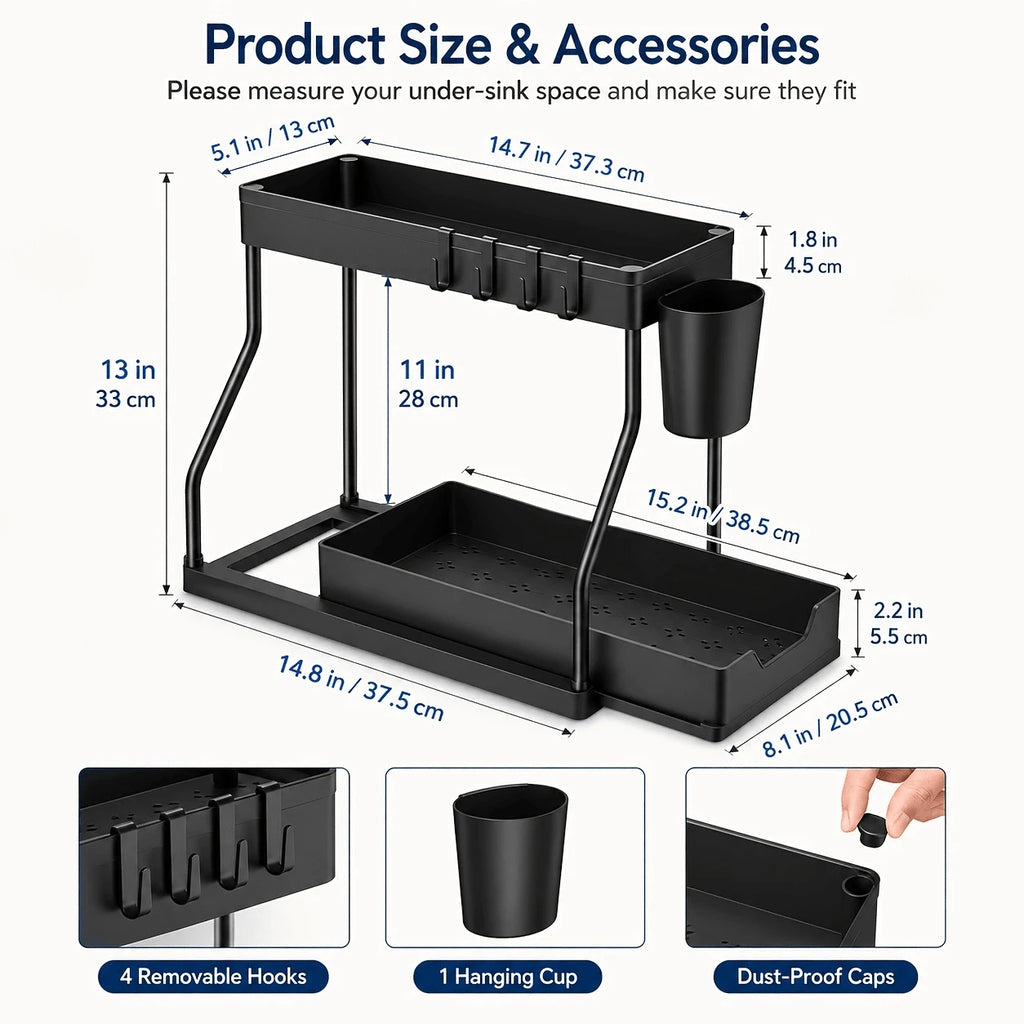 2 Pack Pull Out Under Sink Organizer, 2-Tier Sliding Kitchen Bathroom Cabinet Storage Shelf With Hanging Cups, Pipe Gap Compatible Storage Rack For Cleaning Supplies