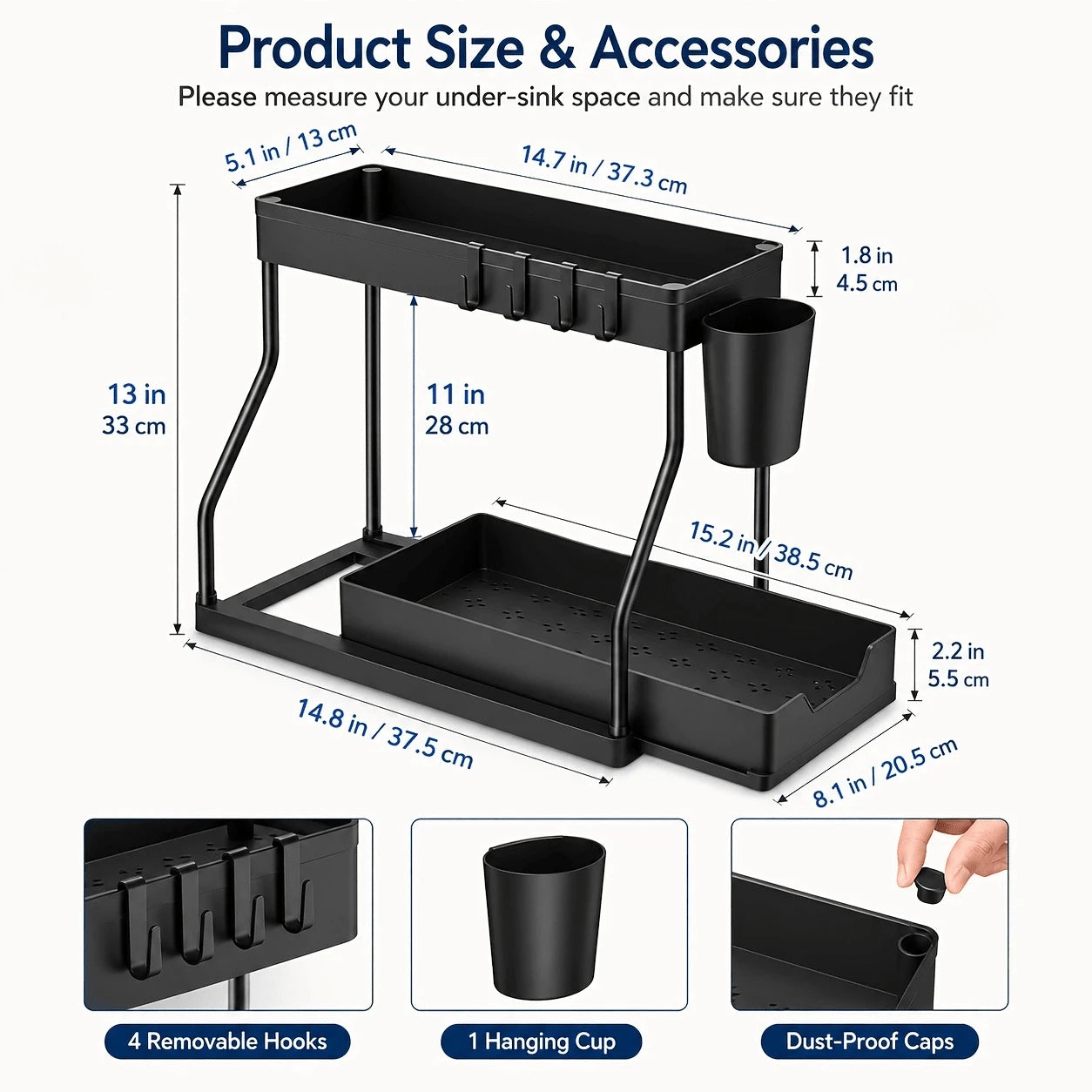 2 Pack Pull Out Under Sink Organizer, 2-Tier Sliding Kitchen Bathroom Cabinet Storage Shelf With Hanging Cups, Pipe Gap Compatible Storage Rack For Cleaning Supplies