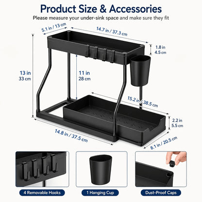 2 Pack Pull Out Under Sink Organizer, 2-Tier Sliding Kitchen Bathroom Cabinet Storage Shelf With Hanging Cups, Pipe Gap Compatible Storage Rack For Cleaning Supplies