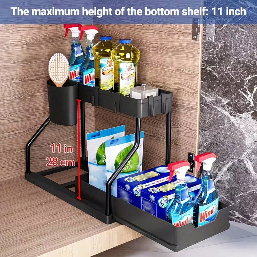 2 Pack Pull Out Under Sink Organizer, 2-Tier Sliding Kitchen Bathroom Cabinet Storage Shelf With Hanging Cups, Pipe Gap Compatible Storage Rack For Cleaning Supplies