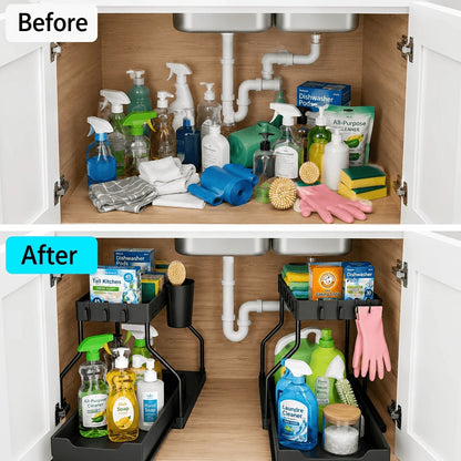 2 Pack Pull Out Under Sink Organizer, 2-Tier Sliding Kitchen Bathroom Cabinet Storage Shelf With Hanging Cups, Pipe Gap Compatible Storage Rack For Cleaning Supplies