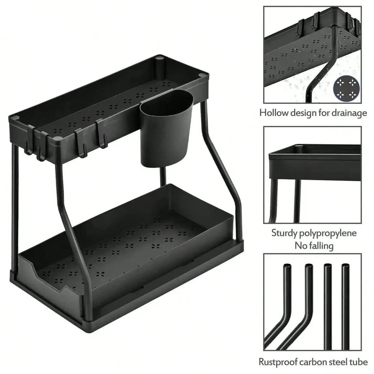 2 Pack Pull Out Under Sink Organizer, 2-Tier Sliding Kitchen Bathroom Cabinet Storage Shelf With Hanging Cups, Pipe Gap Compatible Storage Rack For Cleaning Supplies