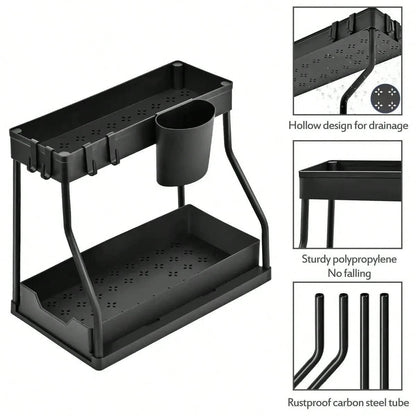 2 Pack Pull Out Under Sink Organizer, 2-Tier Sliding Kitchen Bathroom Cabinet Storage Shelf With Hanging Cups, Pipe Gap Compatible Storage Rack For Cleaning Supplies