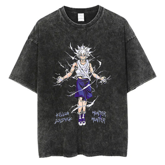 Cotton Men Women Washed Vintage T-Shirt Anime Graphic Print