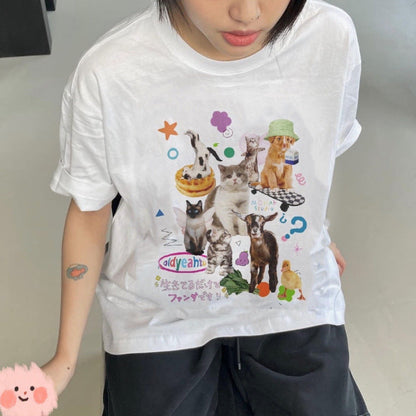 Cute Milk Cat Graphic T-Shirts for Women Oversized Retro