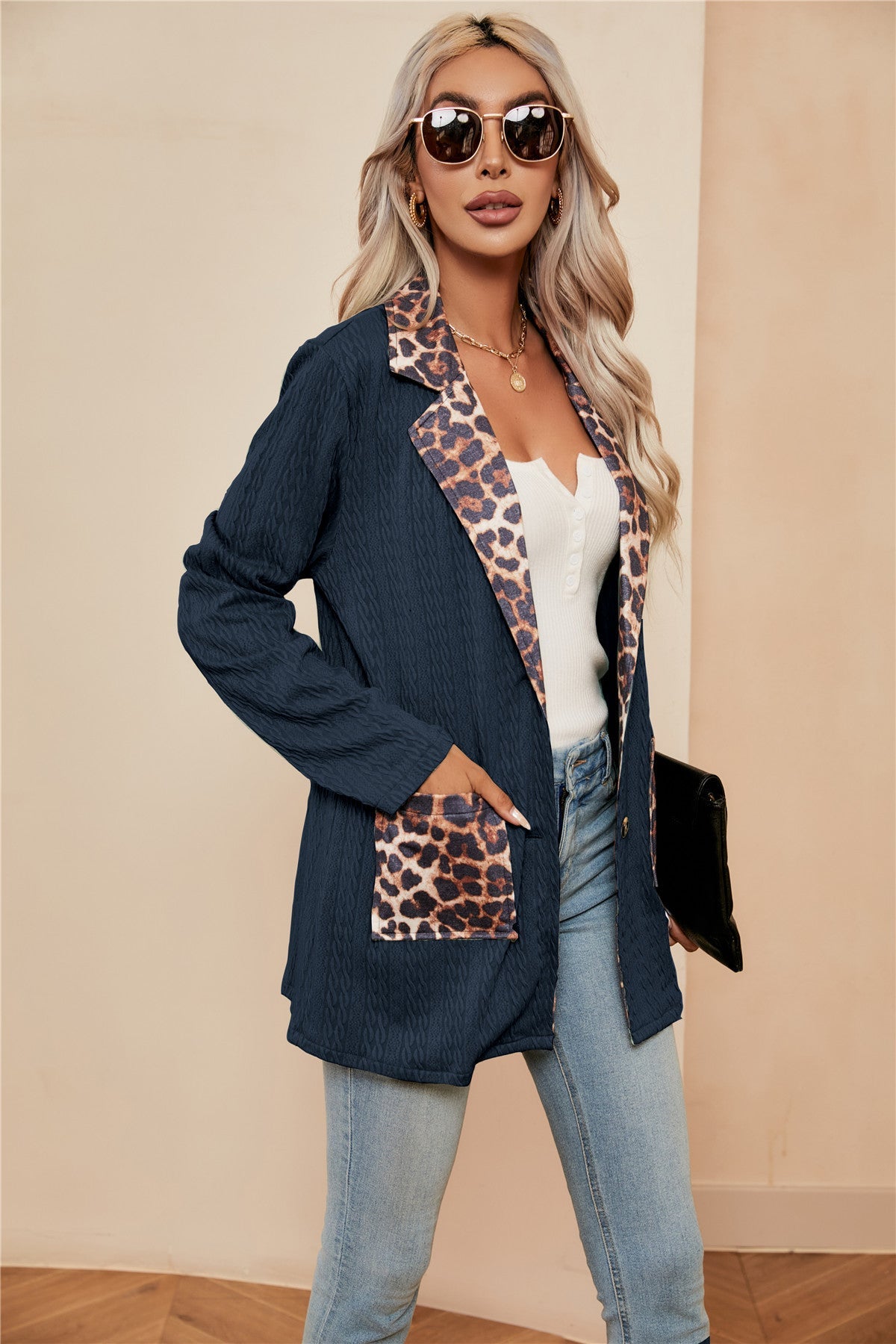 Beth Dutton Wardrobe Leopard Splicing Cardigan Women's Suit Lapel Suit Jacket Tops