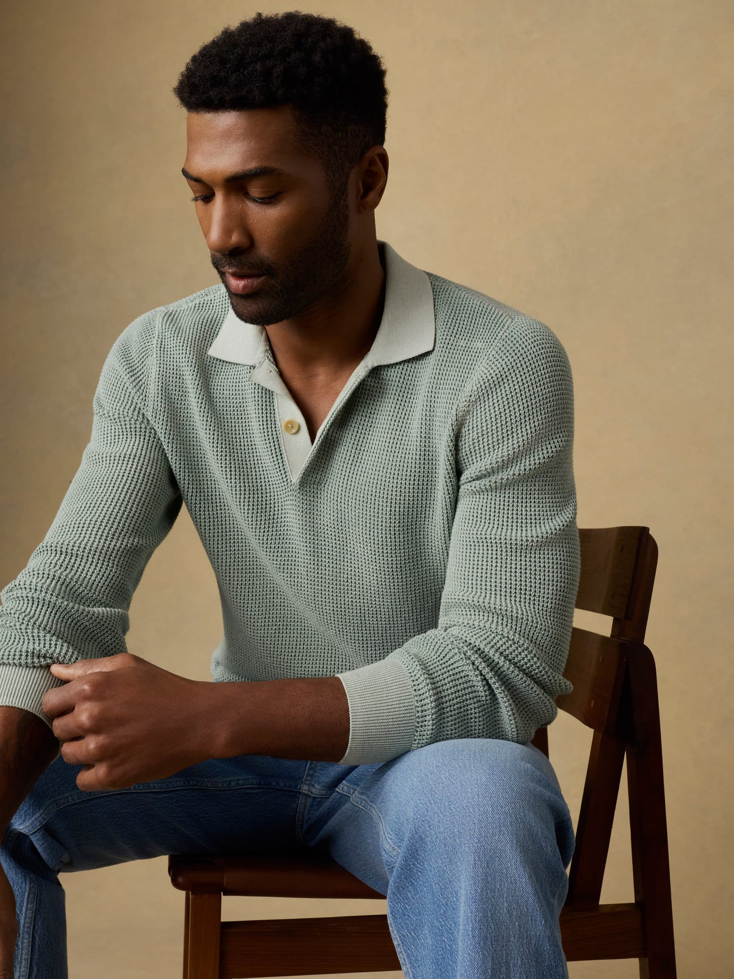 Long-Sleeve Sunwashed Sweater Polo - Sea Break