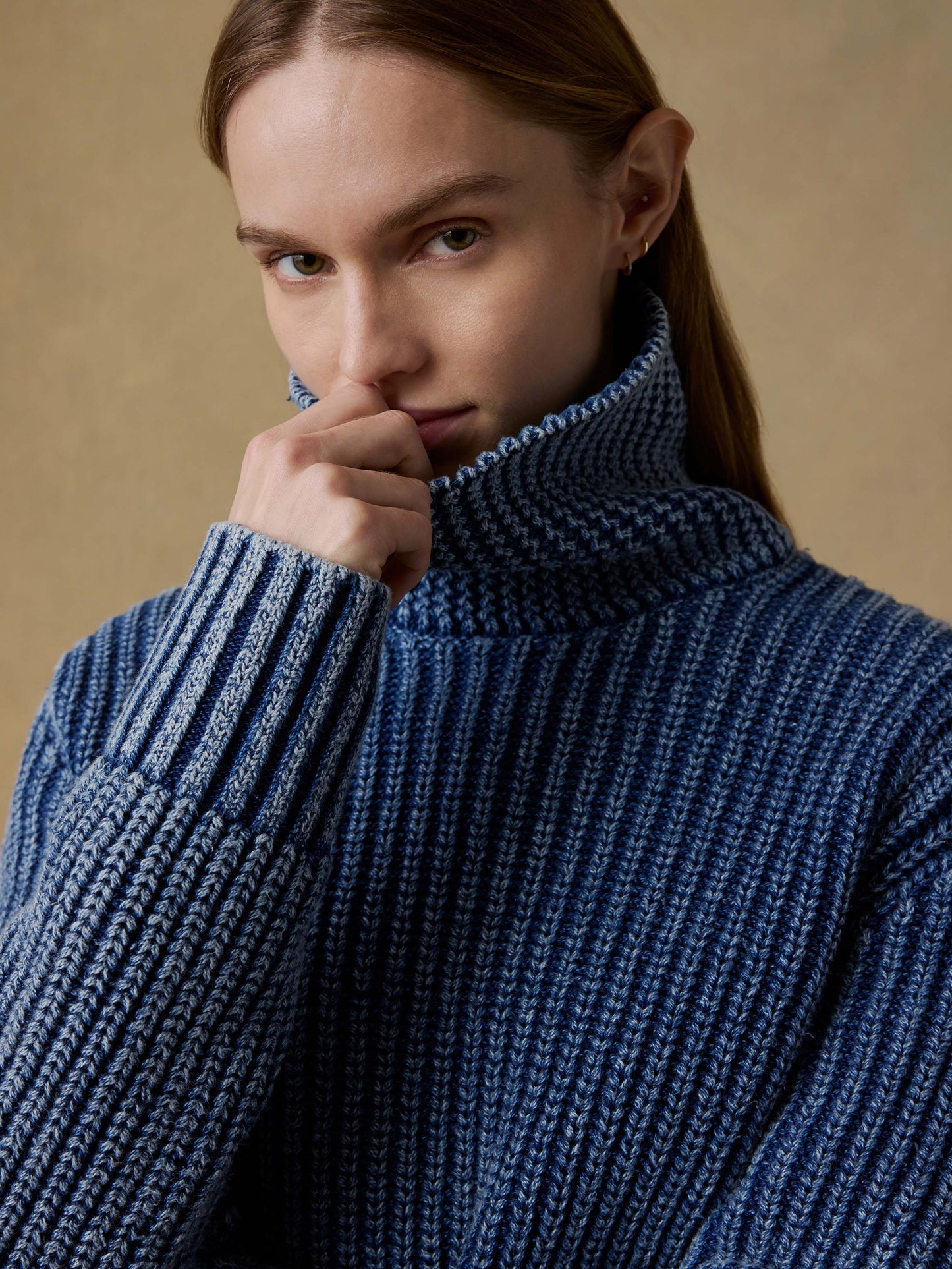 Sunwashed Cotton Oversized Turtleneck Sweater - Windcliff Indigo Wash