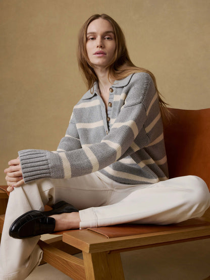 Sunwashed Cotton Polo Sweater - Grey Heather Stripe