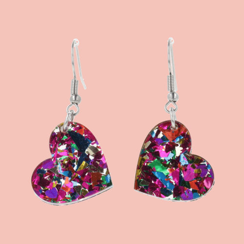 Rainbow Confetti Heart Earrings