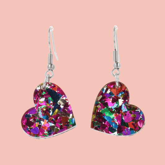 Rainbow Confetti Heart Earrings