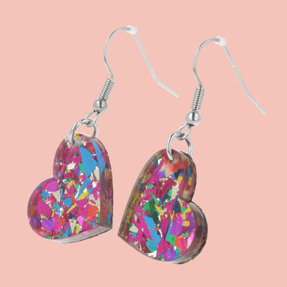 Rainbow Confetti Heart Earrings